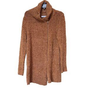 Cozy Brown JustFab Cardigan Sweater Asymmetrical Zipper Loop Knit Cowl Collar Sm